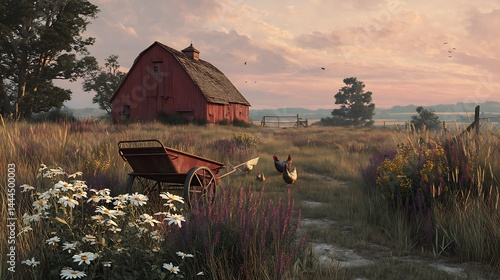 Serene sunrise over rustic farm