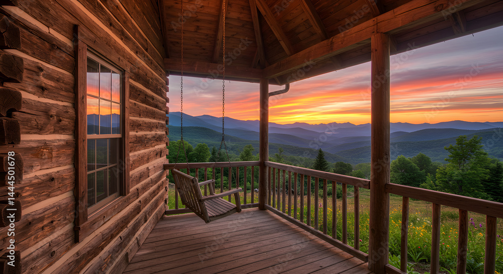 Peaceful Cabin Porch With Mountain Views At Sunset And Swing Chair Peaceful Cabin Porch With Mountain Views At Sunset And Swing Chair