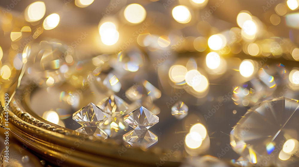 Close-Up of Gilded Mirror Reflecting Scattered Diamonds on Velvet with Soft Bokeh Lights, Symbolizing Luxury and Lavish Self-Indulgence for Editorial Design or High-End Branding Concepts