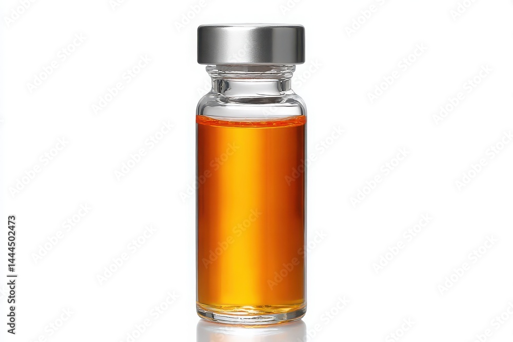 Amber Liquid in Glass Vial Silver Cap, Perfect for Pharmaceutical Use Amber Liquid in Glass Vial Silver Cap, Perfect for Pharmaceutical Use
