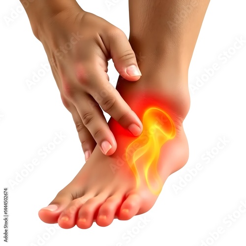 Illustration of burning foot pain – person holding their foot with visible heat and inflammation effect on heel and arch. Conceptual image for neuropathy, plantar fasciitis, or nerve pain.