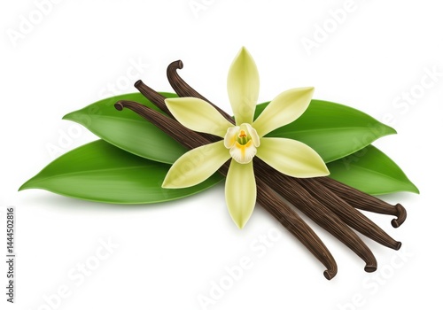 Vanilla flower and pods with leaves isolated on white background