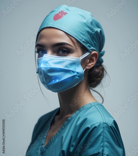 Focused female medical professional wearing teal scrubs, a surgical cap with heart emblem, and a blue face mask, representing dedication and protection in modern healthcare and frontline medical servi