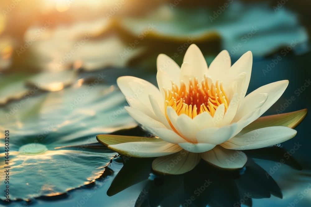 Serene Water Lily Blossom in a Calm Pond at Sunset, A Symbol of Purity and Tranquility
