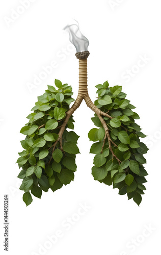 Symbolic image of green lungs made of leaves with a smoky trachea, highlighting the clash between nature and smoking, promoting lung health and awareness against tobacco use.