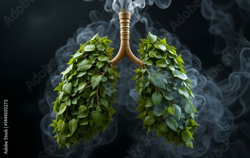 Creative illustration of healthy green lungs made of leaves, surrounded by smoke, symbolizing the power of nature, clean air, and the harmful impact of smoking on respiratory health.