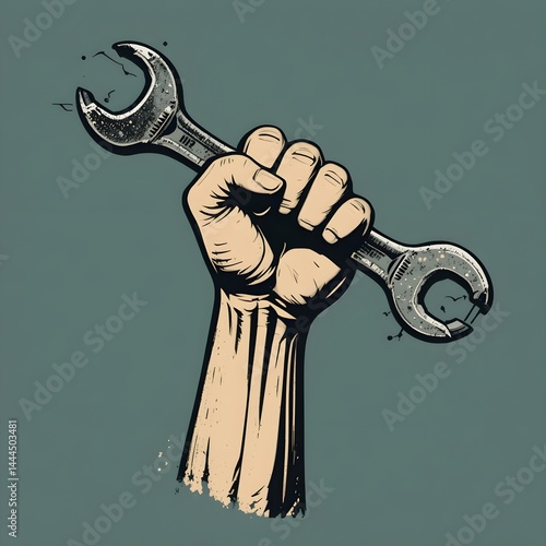 Strong hand holding a broken wrench, symbolizing power, resistance, labor, and strength, industrial revolution or mechanical breakdown concept, retro illustration style on solid background