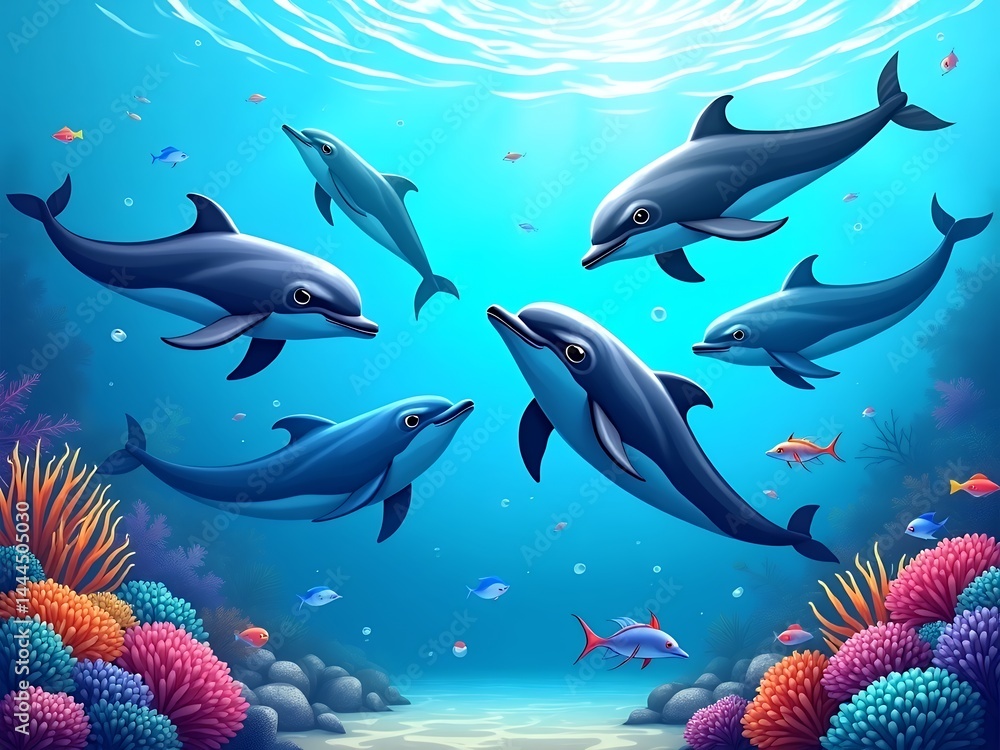 Obraz premium an image of a group of dolphins swimming in the ocean, there is a group of dolphins swimming in the ocean