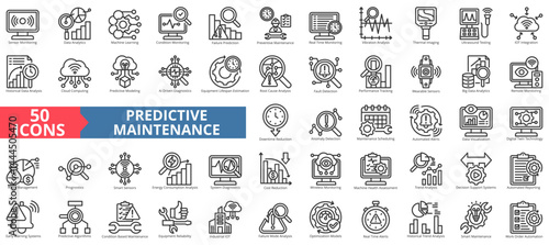 Predictive maintenance icon collection set. Containing data analytics, machine learning, condition, failure prediction, preventive, real time, analysis icon. Simple outline vector illustration.