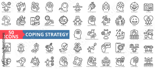 Coping strategy icon collection set. Containing stress management, problem solving, emotional regulation, mindfulness, meditation, self care, exercise icon. Simple outline vector illustration.