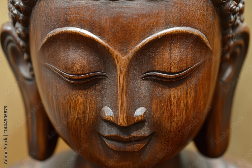 Serene Wooden Buddha Statue Close Up: Intricate Detail and Peaceful Expression