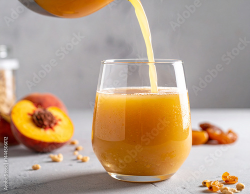 A steaming glass of mote con huesillo, a traditional Chilean summer drink with cooked wheat and dried peaches, showcasing a refreshing beverage.