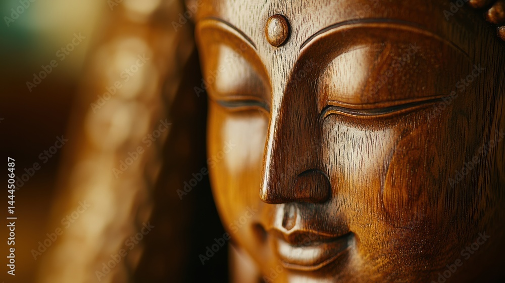 Serene Wooden Buddha Statue Close Up: Tranquility and Meditation in Carved Wood