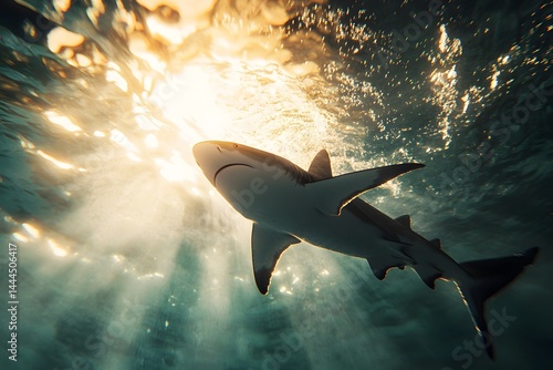 A shark swimming underwater with sunlight filtering through the water from above the surface