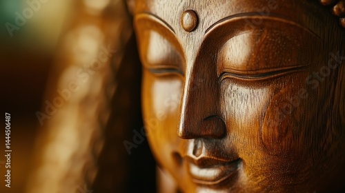 Obraz na płótnie Serene Wooden Buddha Statue Close Up: Tranquility and Meditation in Carved Wood w salonie