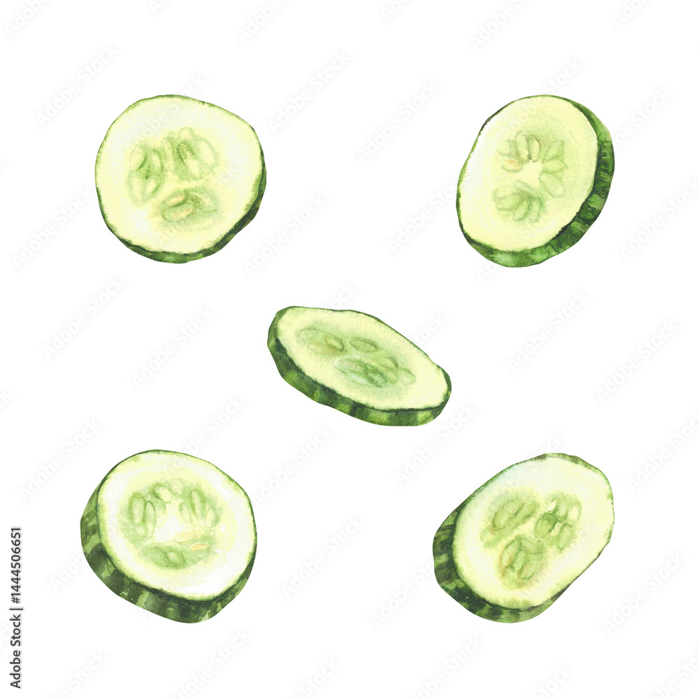 Cucumber slices set. Fresh vegetable cut sliced cucumber circles with seeds. Watercolor realistic hand drawn illustration. Clipart for food, nature cosmetic label, packaging. Isolated from background Cucumber slices set. Fresh vegetable cut sliced cucumber circles with seeds. Watercolor realistic hand drawn illustration. Clipart for food, nature cosmetic label, packaging. Isolated from background