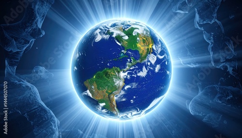 Fototapeta Naklejka Na Ścianę i Meble -  Stunning Earth Globe Image Showing the Americas Illuminated by Bright Rays A Breathtaking View of Our Planet