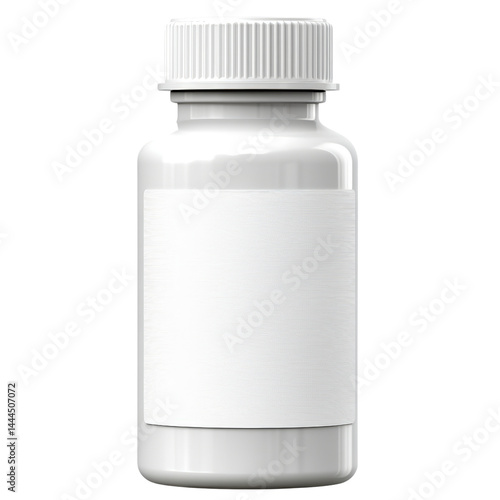 Close-up of a white plastic pill bottle with a blank label and child-resistant cap, isolated on a white background, suitable for pharmaceutical and health product visuals