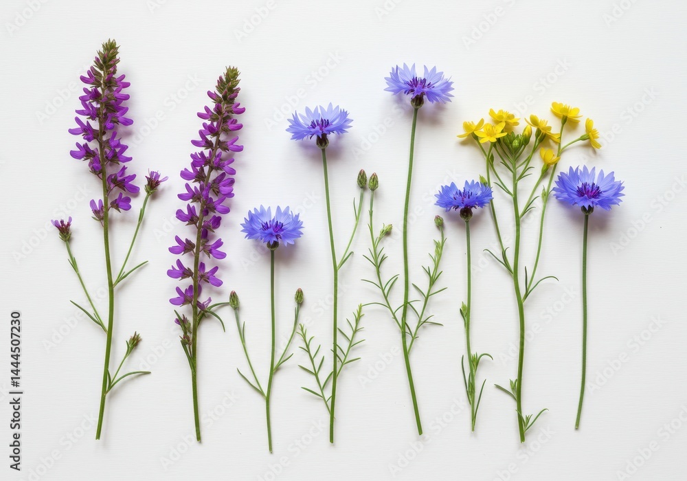 Obraz premium Arrangement of purple blue and yellow wildflowers on a white background in a flat lay style