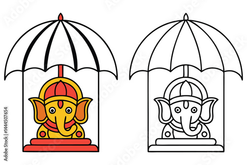Line drawing shows colorful Ganesha figure under umbrella beside simple black and white rendition