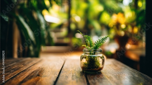 Small fern in glass jar on wooden table