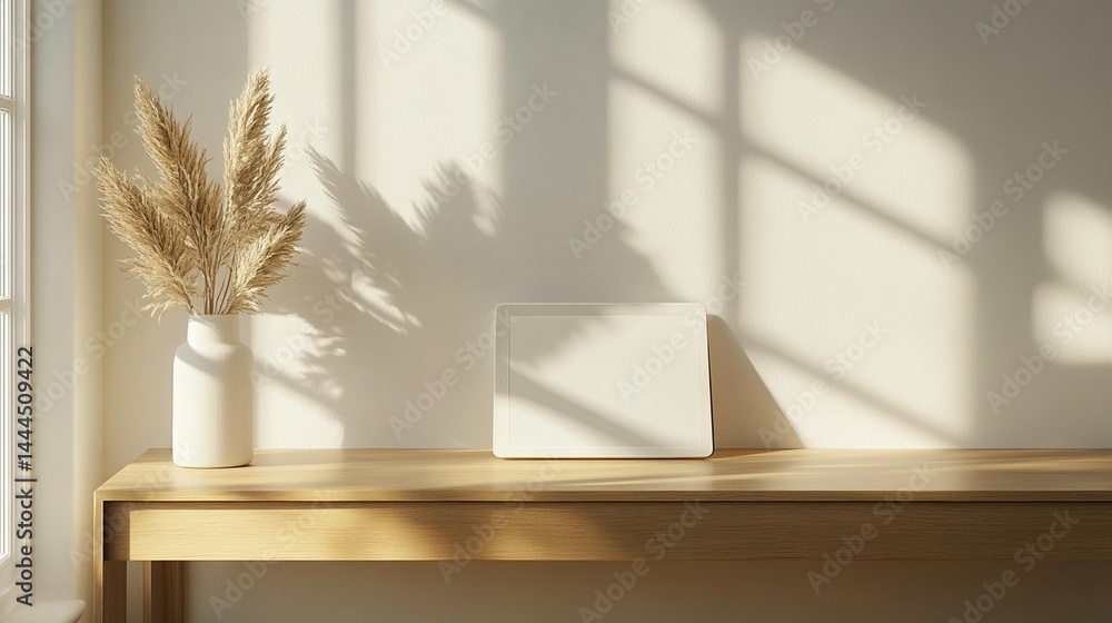 Sunlight streams through a window onto a wooden table with a vase of pampas grass and a blank frame.
