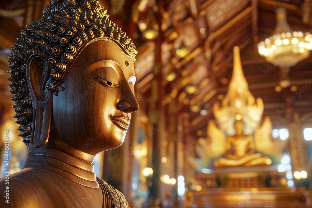 Serene Golden Buddha Statue in a Luxurious Thai Temple: A Glimpse of Peaceful Spirituality