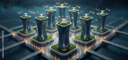 3D Isometric Technology Scenes showing energy-efficient skyscrapers with drone inspections in cinematic mood & lighting 