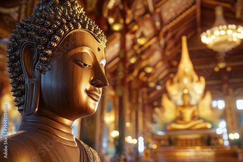 Obraz na płótnie Serene Golden Buddha Statue in a Luxurious Thai Temple: A Glimpse of Peaceful Spirituality w salonie