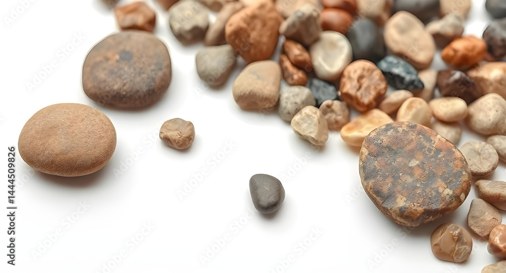 Assorted Smooth River Stones on White Background: Natural Pebble Collection Assorted Smooth River Stones on White Background: Natural Pebble Collection