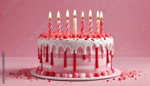 A stunning birthday cake with candles, adorned with pink and white frosting, ready to celebrate.