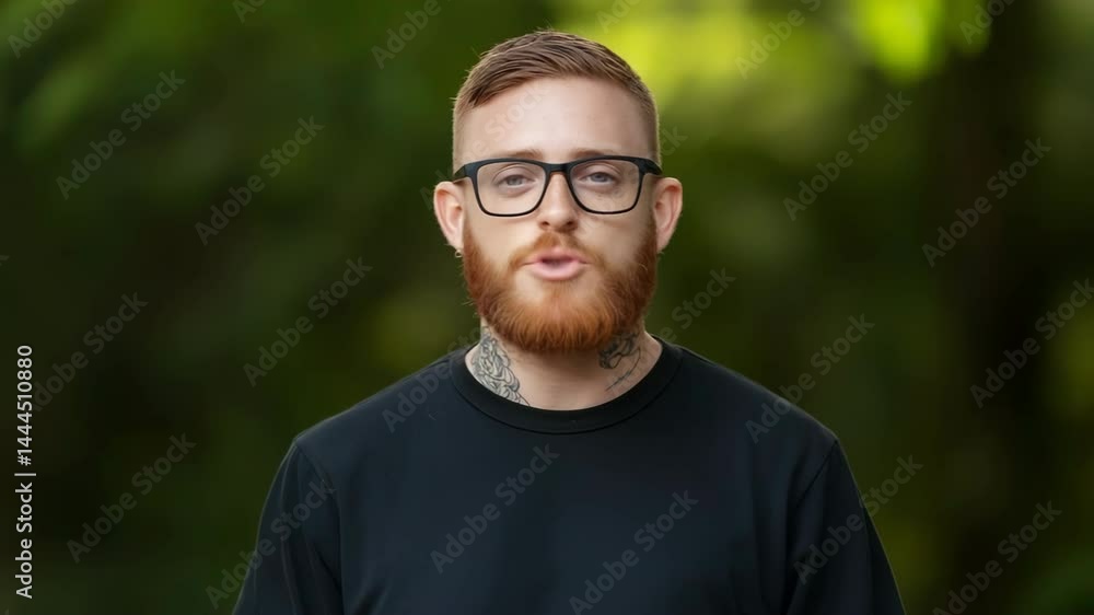A man with a beard and glasses is smiling. He is wearing a black shirt and glasses. The image has a casual and friendly mood A man with a beard and glasses is smiling. He is wearing a black shirt and glasses. The image has a casual and friendly mood