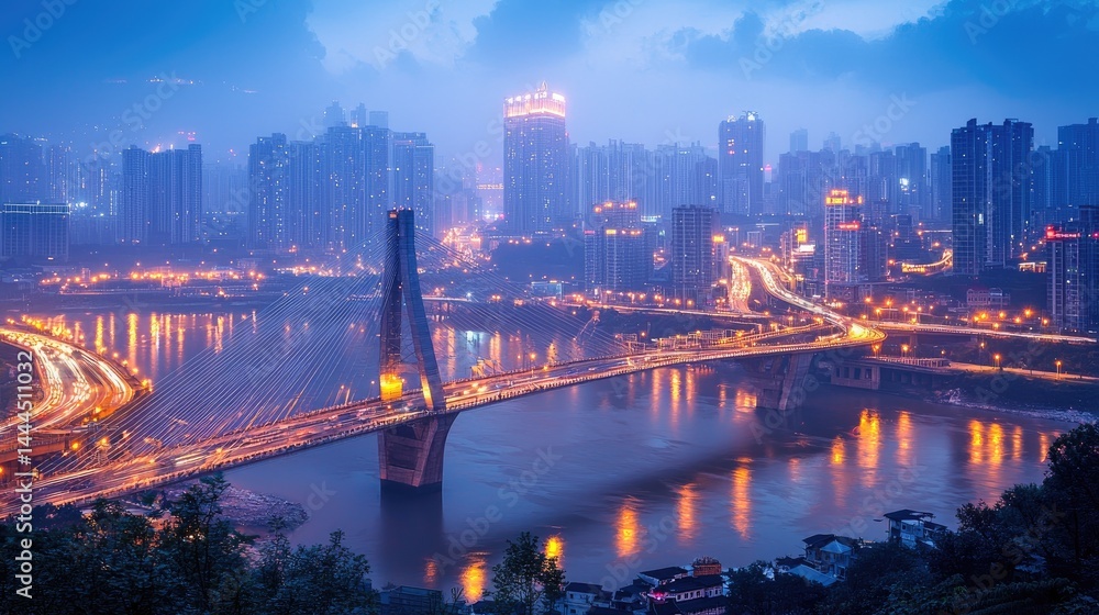 Naklejka premium Urban cityscape at twilight, showcasing a bridge over a river.