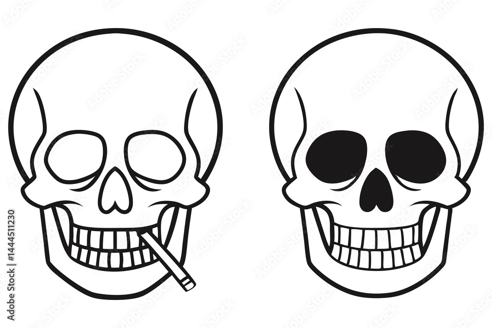 Two contrasting skull images show one smoking a cigarette in a blackandwhite linear style Two contrasting skull images show one smoking a cigarette in a blackandwhite linear style