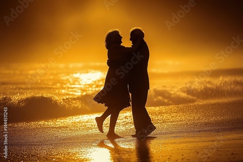 Golden Hour Romance: Silhouette of a Couple Dancing on the Beach at Sunset