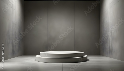 A minimalist concrete platform against a gray backdrop creates an ideal display space.