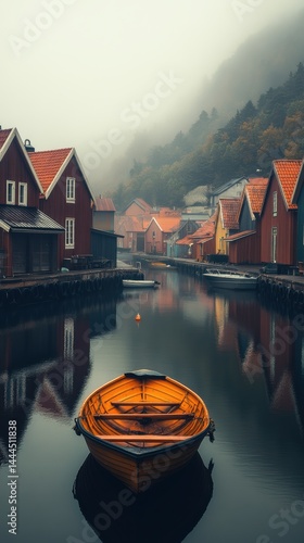 Misty Morning in a Scandinavian Fishing Village: Serene Canal with Rowboat and Colorful Houses