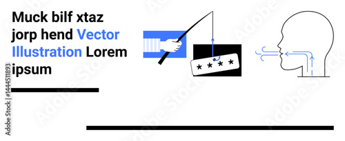 Hand holding a fishing rod with a star rating symbol, human profile with arrows simulating speech. Ideal for cybersecurity, reviews, communication, phishing awareness, user experience, education