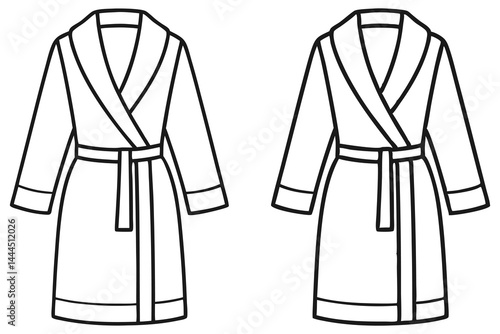 Two bathrobes are presented in black and white line drawings with a transparent background