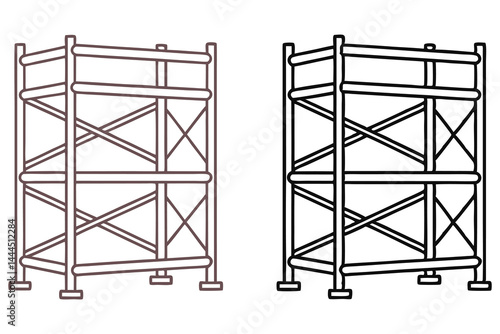 Two differently colored scaffolding structures with three levels are shown on a white background
