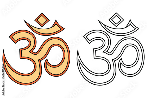 Hindu symbol Om presented twice, once in color and once in black and white