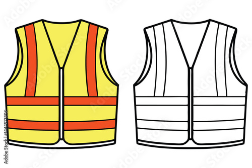 Two safety vests, one yellow with red stripes, stand alongside a line art vest