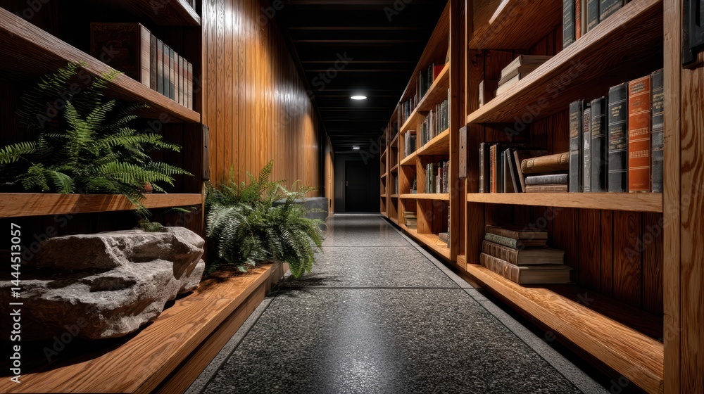 Fototapeta premium Wooden corridor lined with bookshelves and greenery.