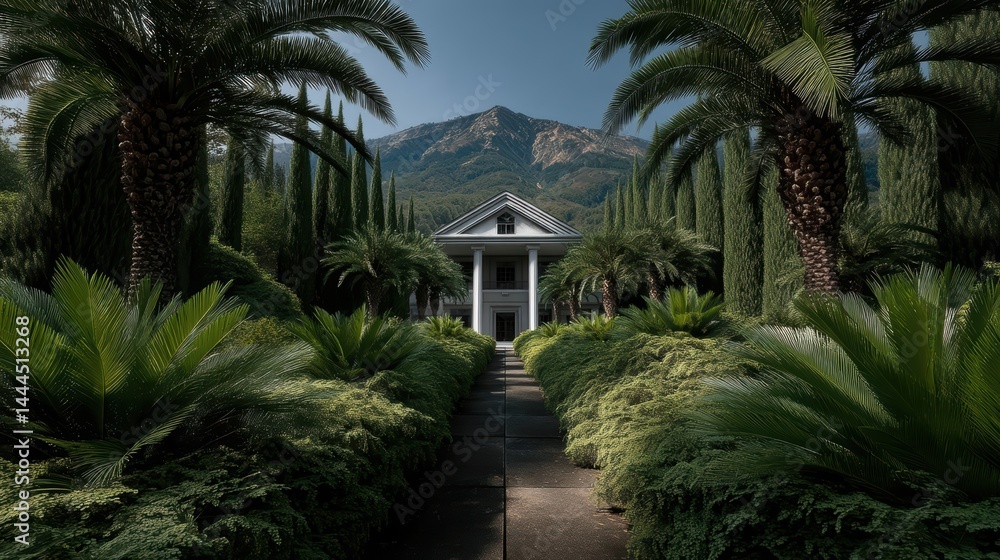 Fototapeta premium Elegant white house nestled within lush tropical garden.
