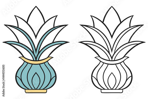 Artistic teal flower inside decorative vase comes with black and white drawing on white