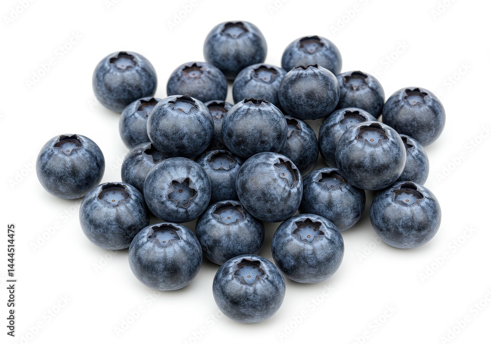 A pile of fresh blueberries with a white background in a close up studio shot with soft lighting A pile of fresh blueberries with a white background in a close up studio shot with soft lighting