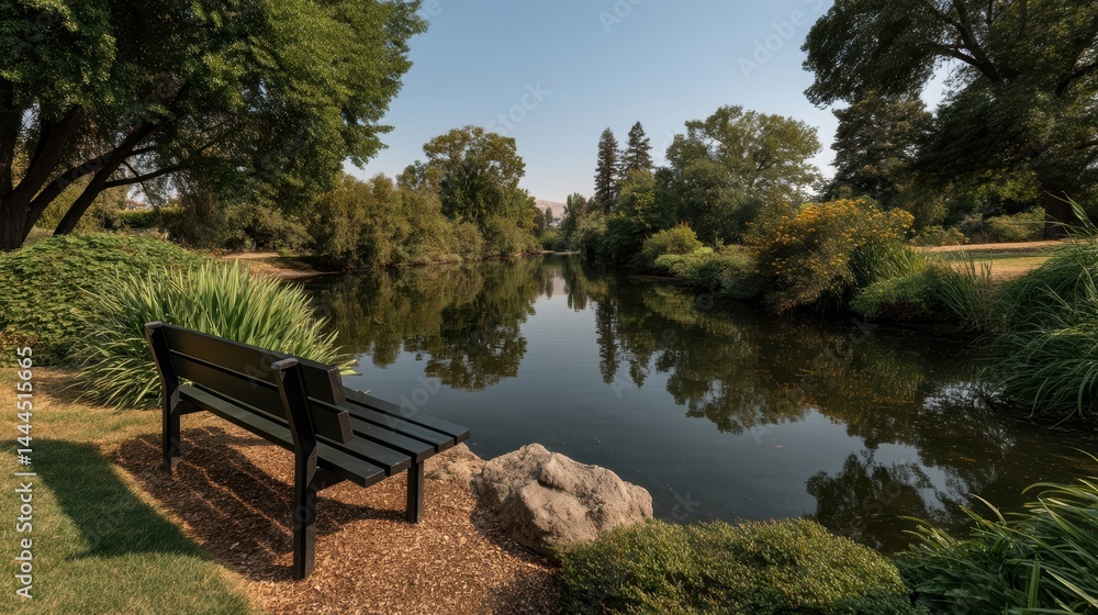 Obraz premium Serene riverside scene with tranquil reflections.