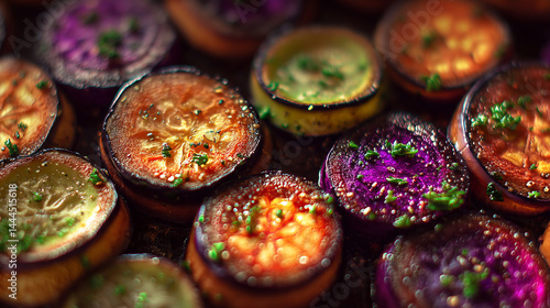 Colorful roasted vegetables create a vibrant dish in a rustic kitchen setting