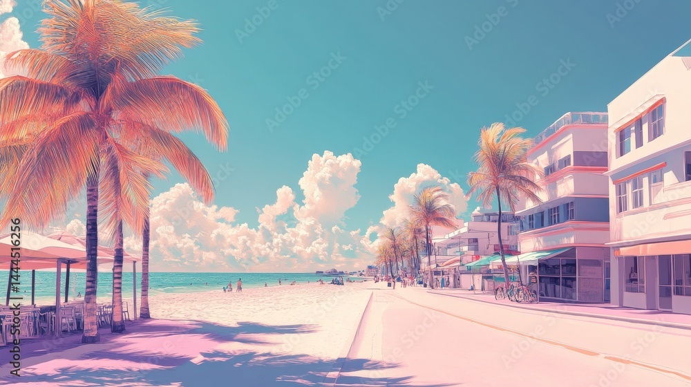 Obraz premium midjourney generated illustration by ai, miami beach scene in pastel colors