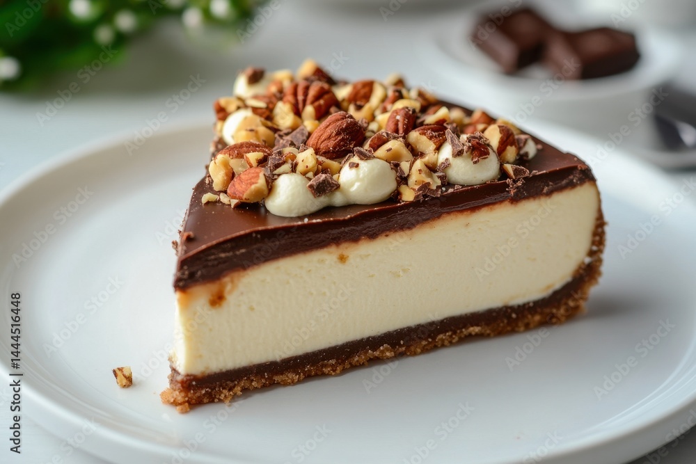 Creamy cheesecake slice with chocolate and nuts served on a white plate, Creamy cheesecake slice topped with nuts and chocolate Creamy cheesecake slice with chocolate and nuts served on a white plate, Creamy cheesecake slice topped with nuts and chocolate